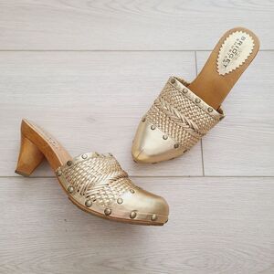 Bridget Shuster Clogs 10 Gold Leather Studded Braided Closed Toe‎ Mule Heels